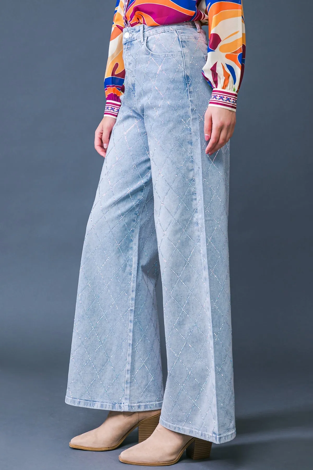 Wide Leg Washed Criss Cross Embellishment Indigo Denim