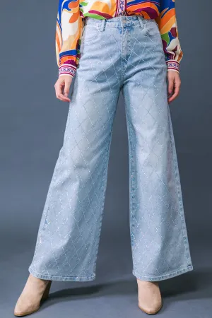 Wide Leg Washed Criss Cross Embellishment Indigo Denim