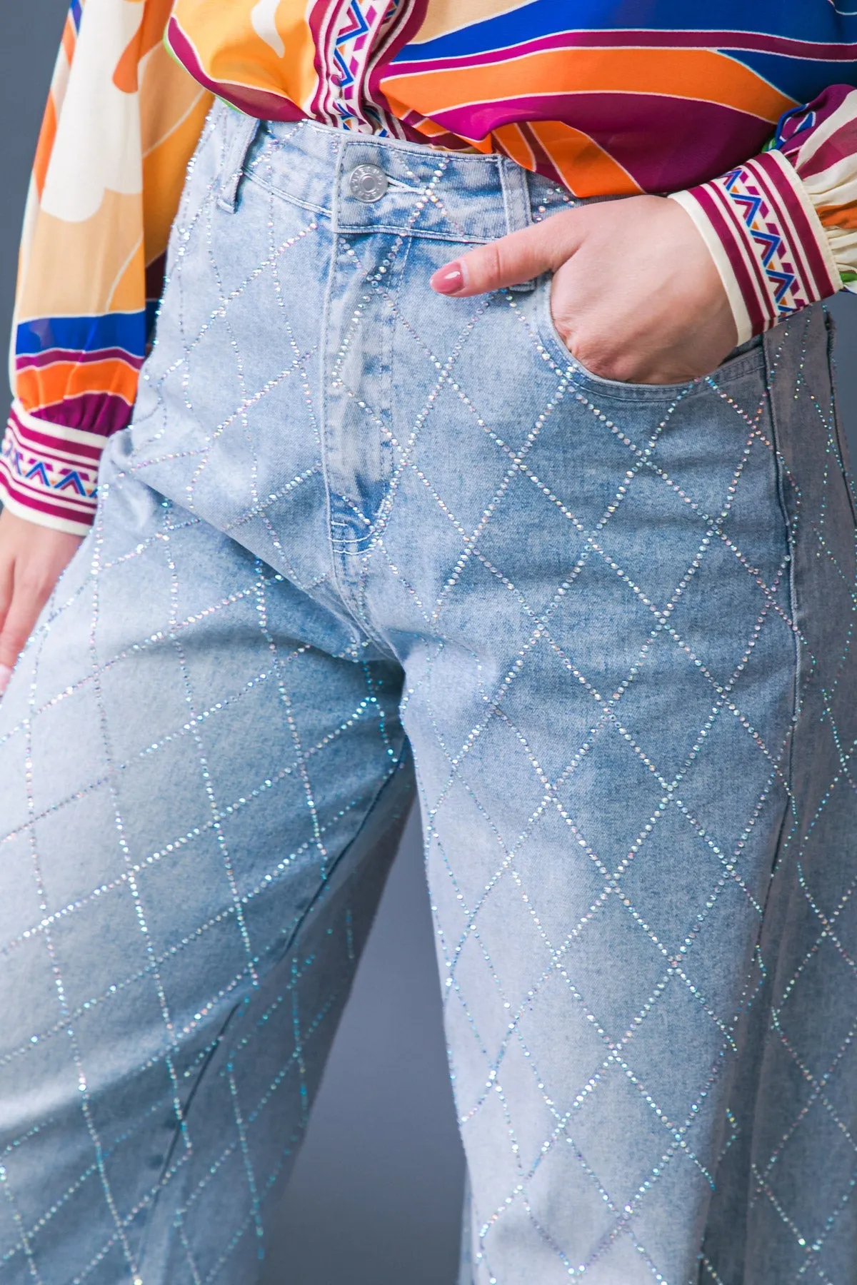Wide Leg Washed Criss Cross Embellishment Indigo Denim