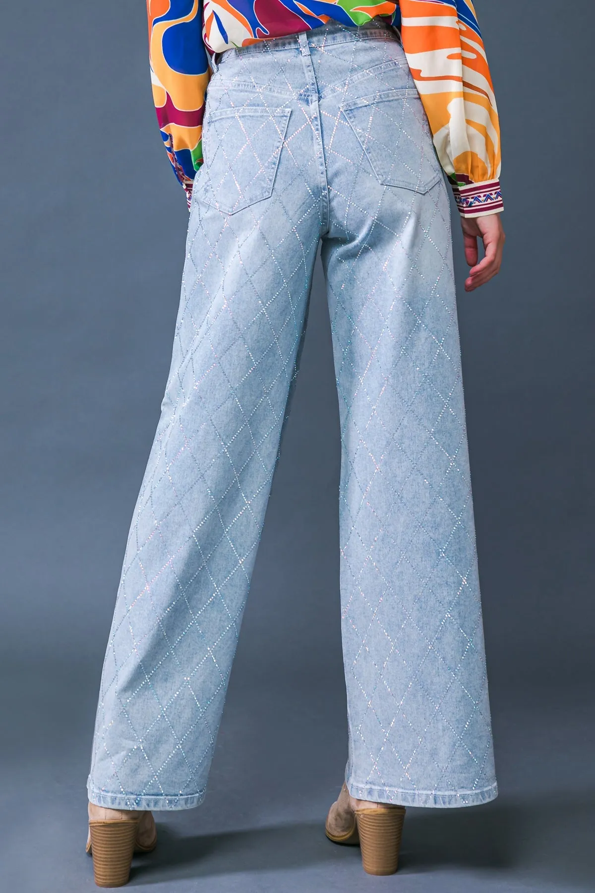 Wide Leg Washed Criss Cross Embellishment Indigo Denim