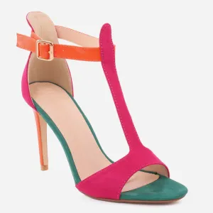 Women "IBSEN" T-Strap Multi-Color  Closed Heel Cup Ankle Strap Stiletto Heel Sandals