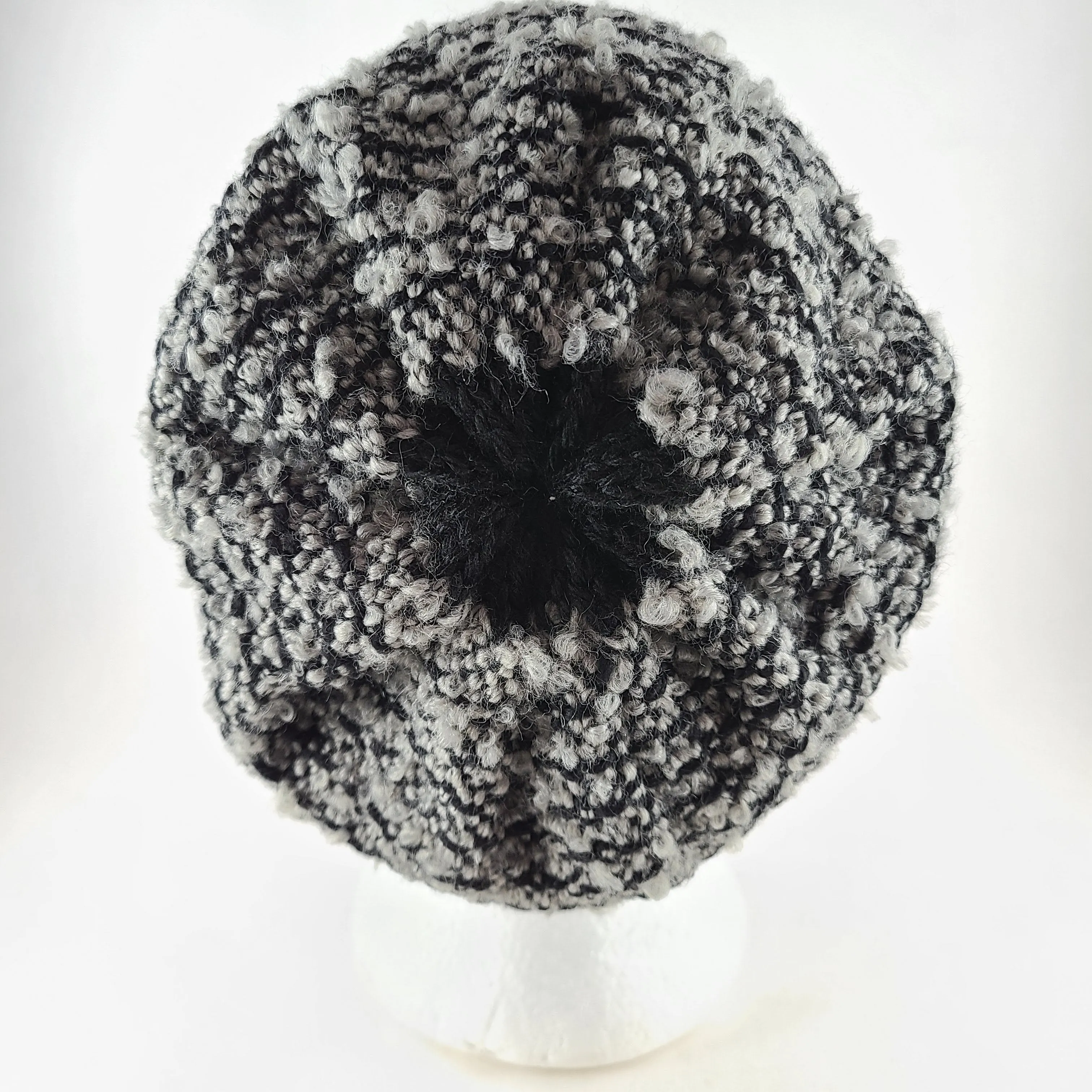 Woven knit hat, black & grey boucle wool blend beanie