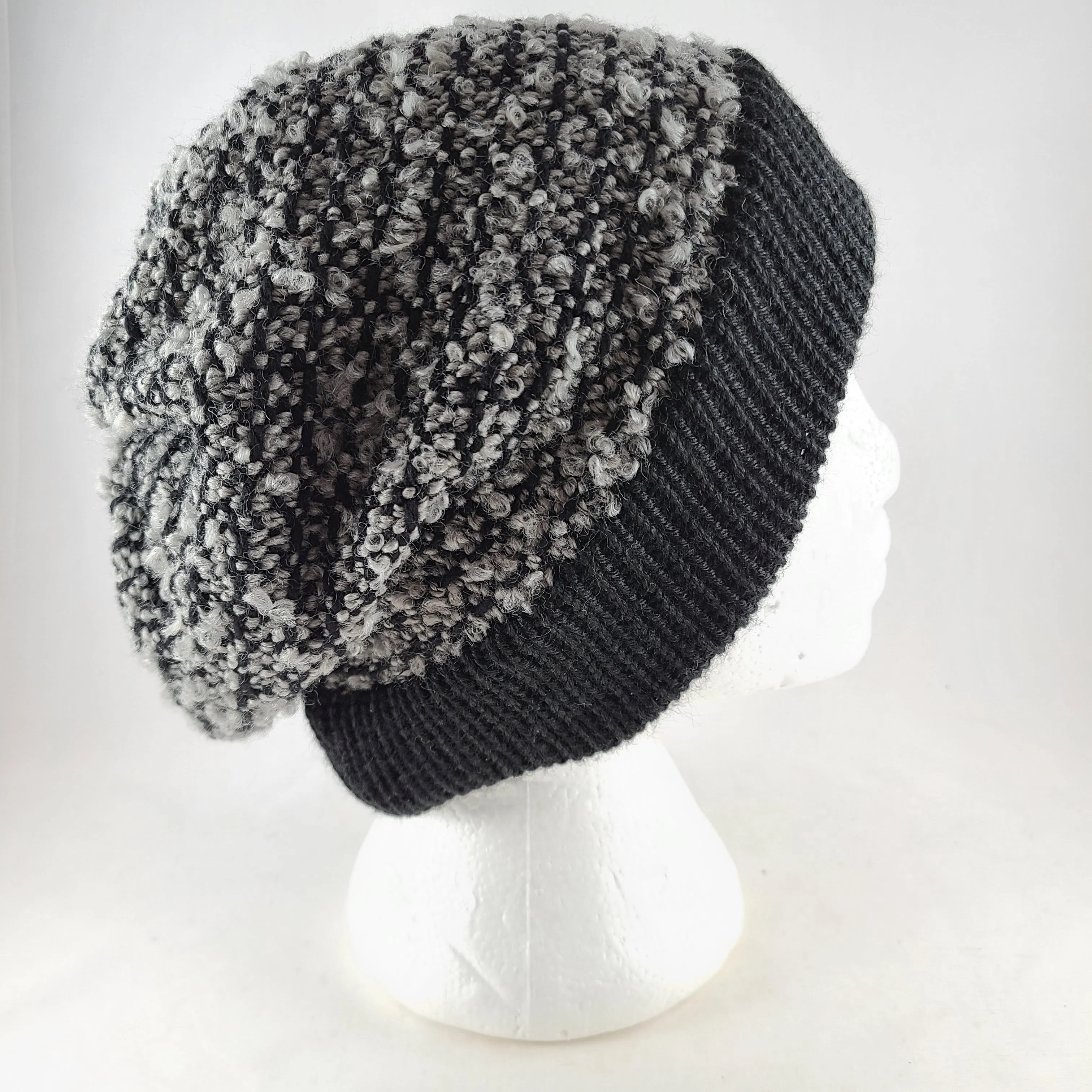 Woven knit hat, black & grey boucle wool blend beanie