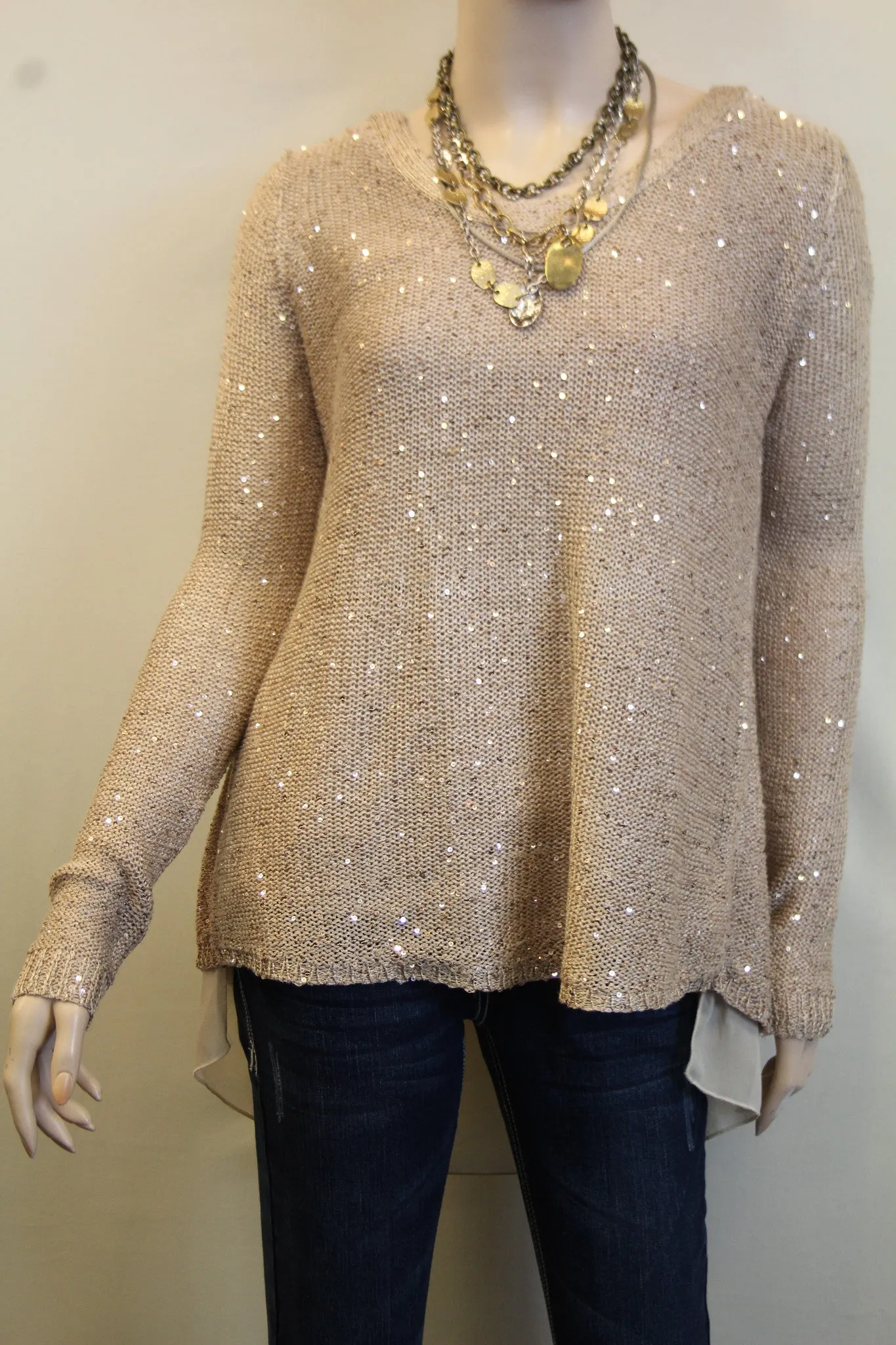 Yahada | Sequin Knit Sweater with Bow Beige
