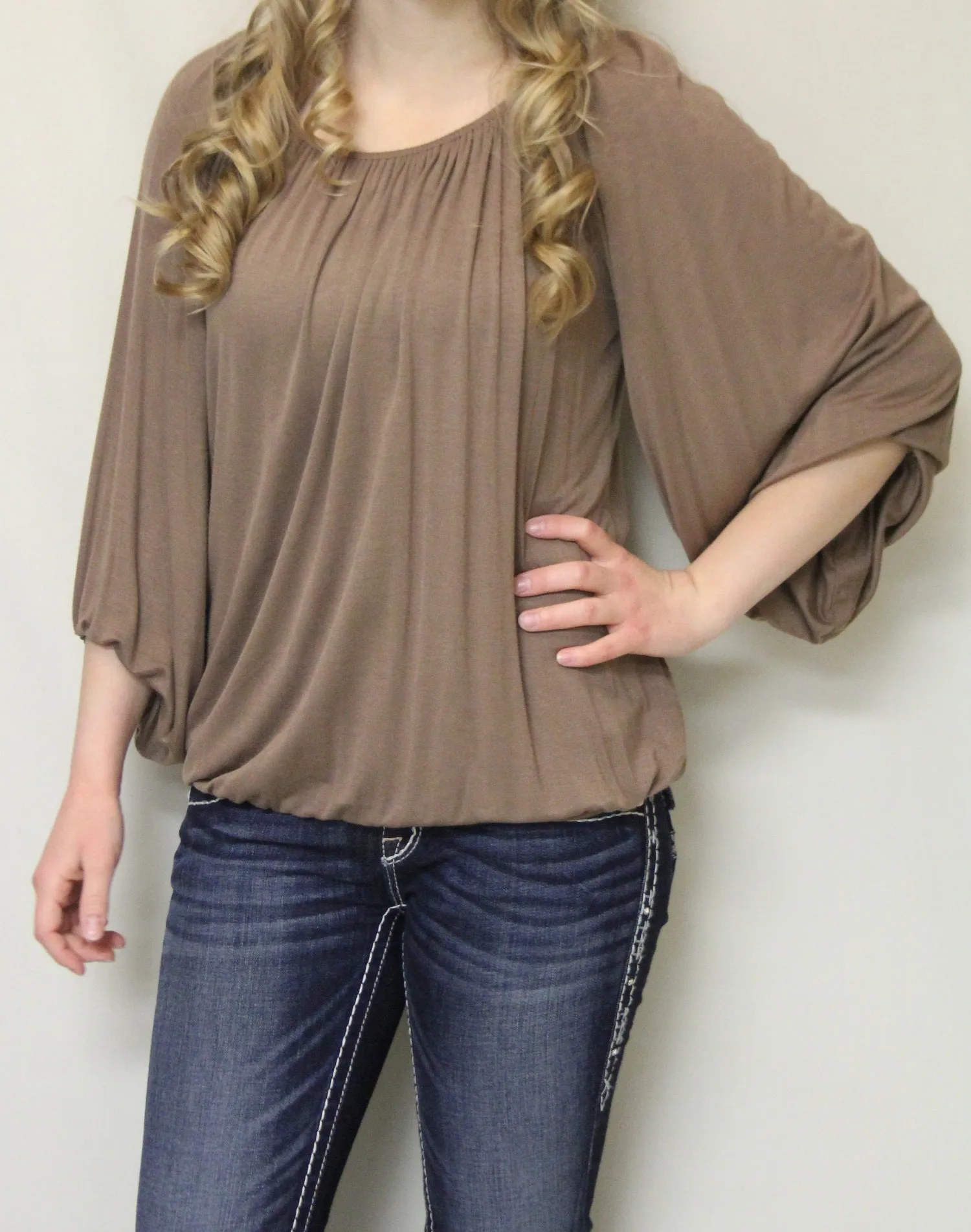 Yahada | Solid Brown 3/4 Bishop Sleeve Top Taupe