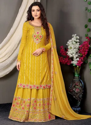 Yellow and Gold Embroidered Stylish Palazzo Suit